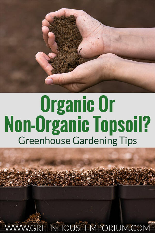 Organic topsoil in the hands and in seed trays with the text Organic or non-organic topsoil - Greenhouse Gardening Tips