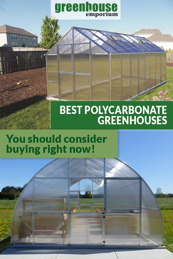Two Polycarbonate greenhouses with the text: Best Polycarbonate Greenhouses - You should consider buying right now