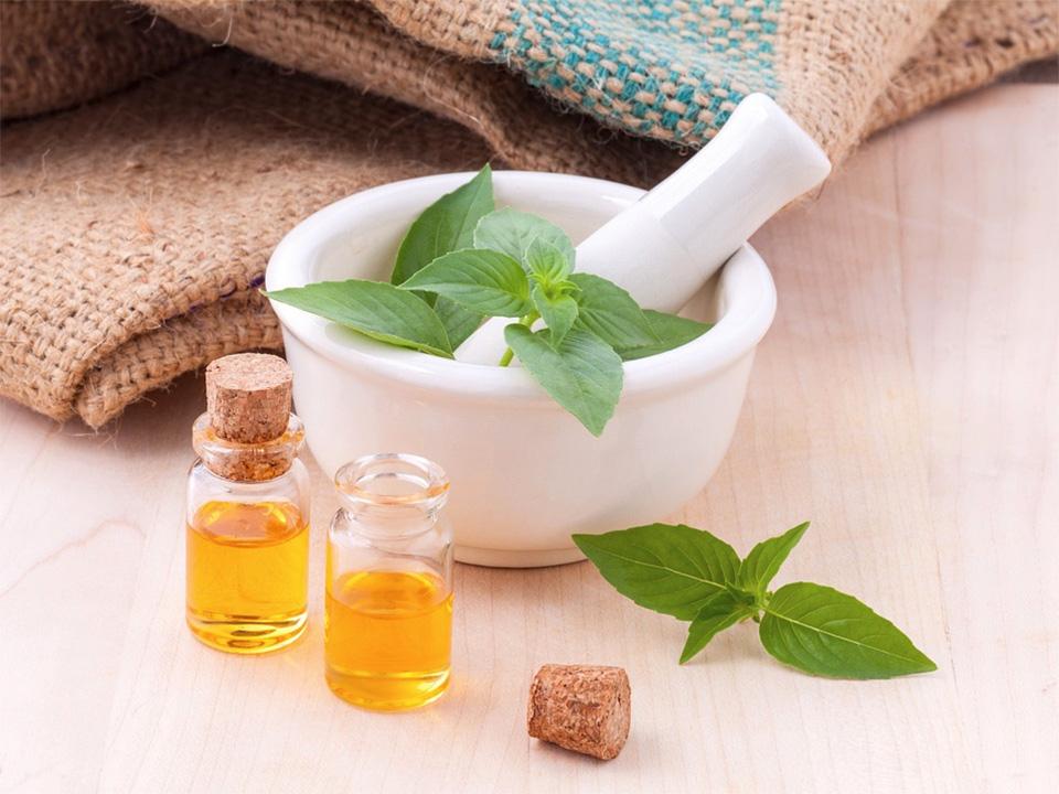 Basil leaves in and out of a mortar and pestle with some basil essential oils in two small clear bottles