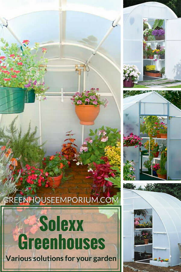 Displaying four different Solexx Greenhouse styles (A-shape, hoop and lean-to with text saying: Solexx Greenhouses - Various solutions for your garden